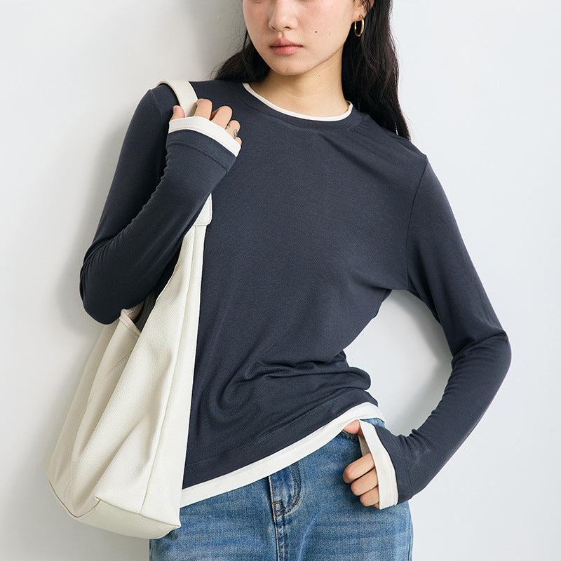 Damen Strickshirt,Langarm, Rundhals, Slim Fit mit Layering-Optik