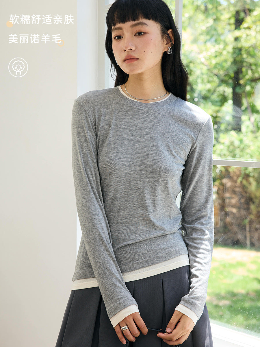 Damen Strickshirt,Langarm, Rundhals, Slim Fit mit Layering-Optik