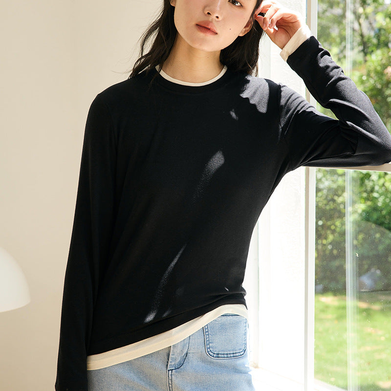 Damen Strickshirt,Langarm, Rundhals, Slim Fit mit Layering-Optik
