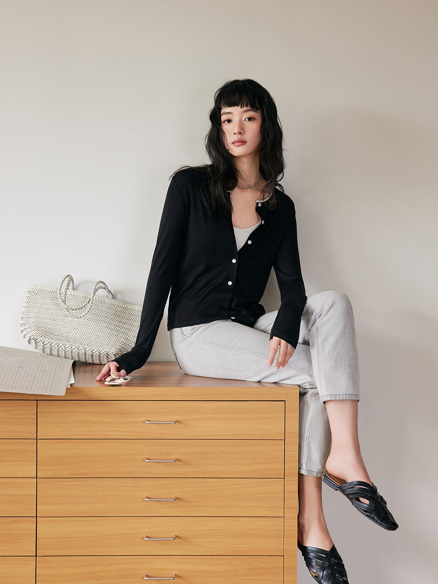 Damen Feinstrick-Cardigan – Langarm, Knopfleiste